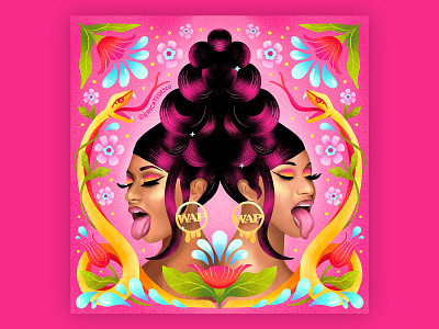 WAP cardi b color colorful floral floral art flower flower illustration illustration illustrator illustrators megan thee stallion ornate pink plant snake symmetrical women