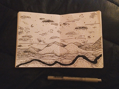 Nightly Doodles gradient illustration landscape moon mountains river sketch