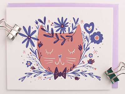 Cat & Flowers card cat illustration letterpress valentine