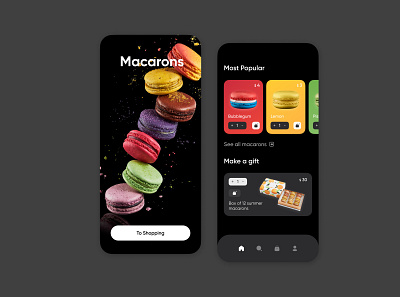 Macarons app concept app appdesign biscuit candy colors concept cookies darkmode design ios macaroni minimalism online shop store sweets ui uiux ux