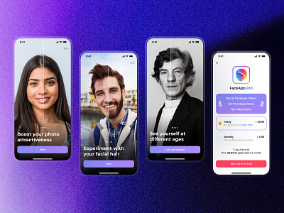 FaceApp Onboarding & Paywall actor after app before concept design editor face man minimalism mobile onboarding paywall smile space ui uiux ux walkthrough woman