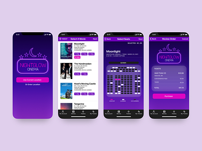 Nightglow Cinema iOS App UI glow ios iosdesign mobiledesign movies theater ticketing ui uidesign