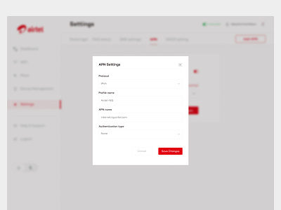 APN settings modal dashboard design modals ui ux