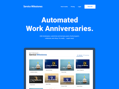 Celebrate work anniversaries colors landing page marketing site product design sign up website work