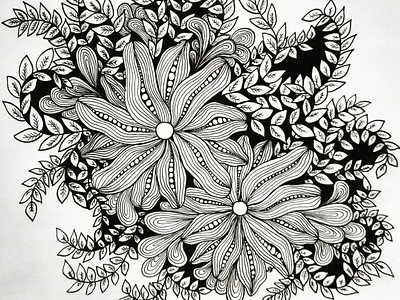 Lines, many lines. And leaves. black and white flowers illustration lines zentangle