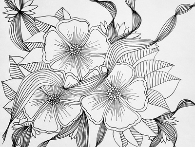 Trio black and white doodles drawing flowers illustration lines zentangle