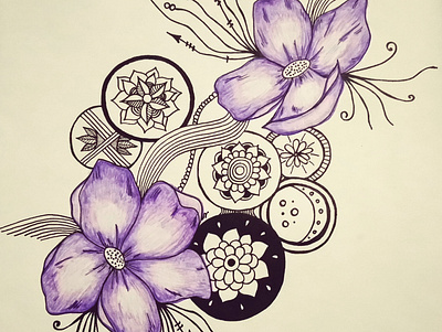 Add some violet circles drawing flowers illustration lines mandala zentangle