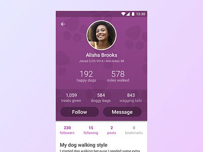 Dog Walker's Profile android avatar data material material design mobile phone profile stats ui