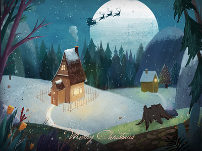 Merry Christmas art flat graphic design illustration illustrator 冬夜 圣诞 圣诞老人 圣诞节 手绘 气氛 雪天