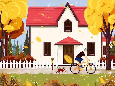 Cycling to an outing autumn autumn collection autumn leaves design houses illustration illustrator texture textured textures 小场景