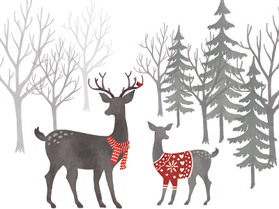 White Wood birch tree deer design holiday pattern scandinavian style tree winter