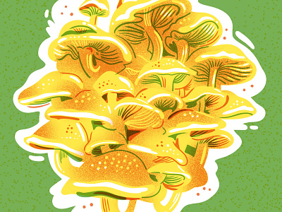 Shiitake Mushroom Risograph Print 3 color bright food illustration green illustration jordan kay limited color limited color palette mushrooms pink print risograph shiitake texture yellow