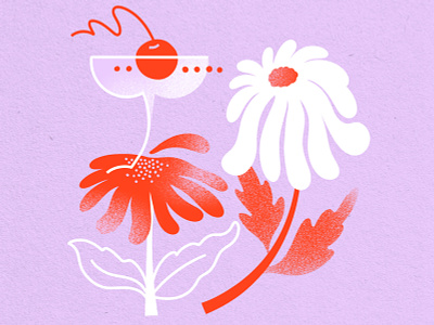 Manhattan Cocktail & Flowers cocktail coupe daisy drawing drink illustration flowers food illustration graphic illustration jordan kay lavender limited color limited color palette manhattan paper poppy red texture white