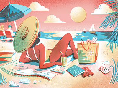 Beach Reading art beach blue character drawing editorial editorial illustration gradient illustration limited color noise palm trees politico primary red sunset sunshine texture yellow