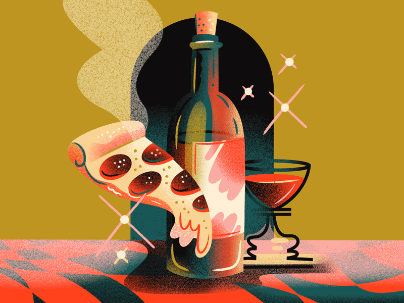 Date Night: Pizza & Wine beverage booze drawing editorial illustration food illustration gradient illustration jordan kay limited color limited palette noise packaging pizza texture wine