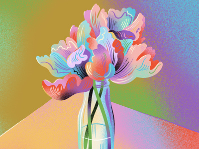 Parrot Tulips 1960s 1970s art bouquet draw drawing floral flowers grain illustration jordan kay light and shadow noise observational drawing psychedelic rainbow shading texture trippy