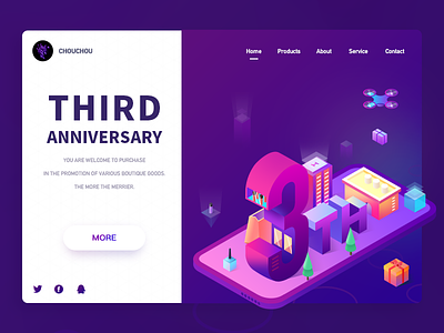 Third Anniversary Celebrations 2.5d anniversary building colors design digital electricity illustrations shopping ui unmanned aerial vehicle (uav) web