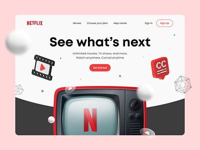 Netflix landing page 3d cinema clean hero header illustration minimal movies netflix tv typography ui user interface ux web design