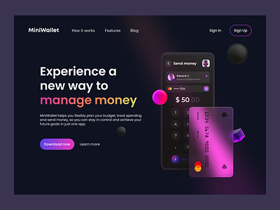 MiniWallet - Landing page bank banking app banking web cards clean clean ui credit card dark mode finance hero illustration landing page minimal mobile banking product page ui ux