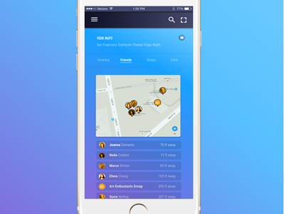 My event friends app app design gradient iphone list location location based maps material design mobile mobile design