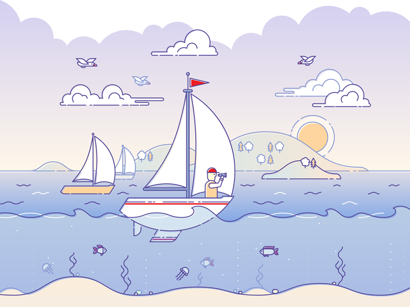 Sunset sailing illustration fish underwater clouds sunset coastline sea sailing sailor yacht illustration lineart outline