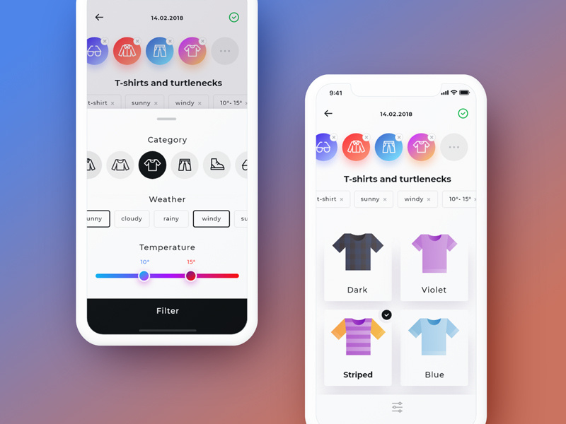 Daily kit construction with filters design t-shirt wardrobe ui mobile ios illusrtation icon clothes calendar assistant app