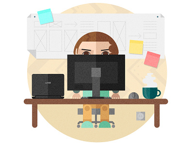 Programmer coder desk flat frontview illustration office programmer programming team vector workspace сharacter