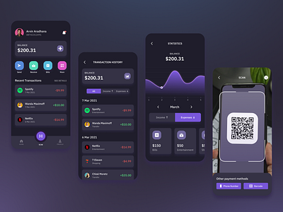 E-Wallet / Finance App app dark dark mode e money e wallet expenses finance finance app graph income mobile mobile app design qr scanner ui wallet app