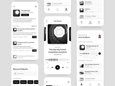 Podcast App Concept app audio wave black blackandwhite minimalist mobile mobile app monochrome music player player podcast podcasts ui ui design white