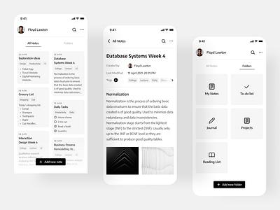 Notes App Mobile Concept app black and white clean docs folders minimalist mobile mobile app mobile app design monochrome note taking notes organizer ui ui design ux