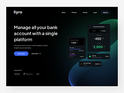 Hyro - Fintech SaaS Landing page clean dark mode finance fintech gradient minimalist money saas software ui web web design