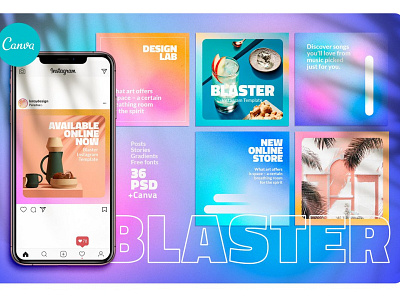 BLASTER - Instagram Posts & Stories blue branding color colorful design instagram instagram banner instagram post instagram posts instagram stories instagram template modern neon posts social media social media pack social media template stories story template