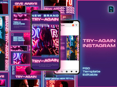 Try-Again Instagram Template color instagram instagram banner instagram post instagram stories instagram story template instagram template instagram templates light neon neon colors neon light neon lights neon sign post posts social media social media template stories story