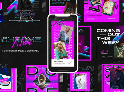 NEON CHROME Instagram Posts & Stories blog blogger chrome follow followers following instagram instagram banner instagram post instagram posts instagram stories instagram template neon post posts social media social media pack social media template stories story