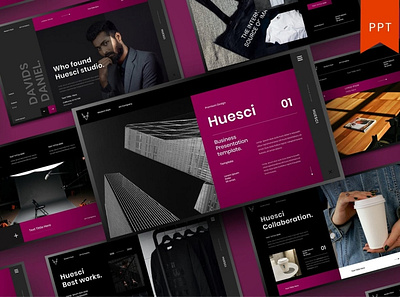 Huesci Multipurpose Template clean colorful company corporate google slides keynote modern multipurpose multipurpose template photography pitch deck portfolio powerpoint presentation studio template unique web design web development website