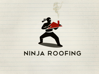 Ninja Roofing a black burgundy font house like logo man minimal ninja person presentation red roof tie