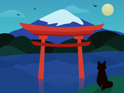 Torii fox fuji illustration japan kawaguchi lake mountain mountains torii zen