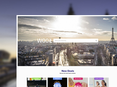 WOOit blue clean deals desktop homepage offer photoshop responsive search ui web design website