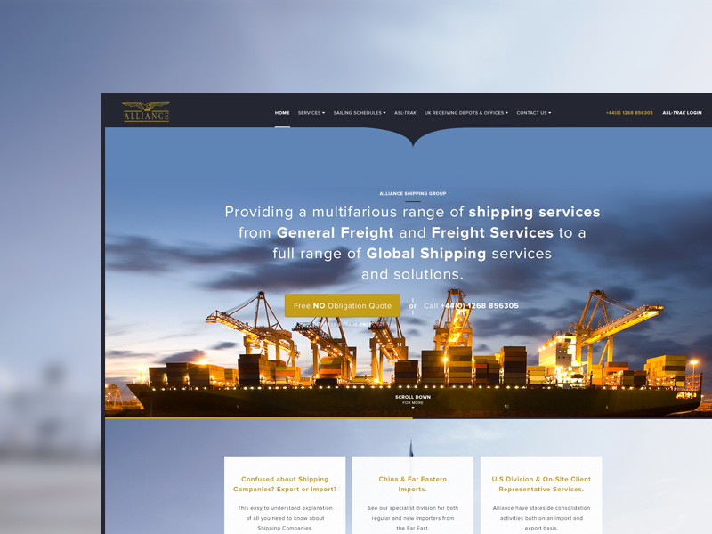 Alliance Shipping blue business corporate design gold photoshop responsive shipping website