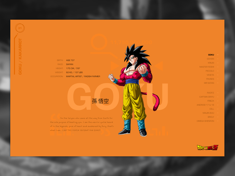 DBZ Character Cards anime clean color dashboard data dbz design goku layout photoshop ui