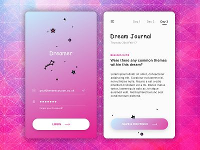 Brief #1 - Dreamer.ai app app clean dreams entry gradient ios journal login pink sleep stars ui