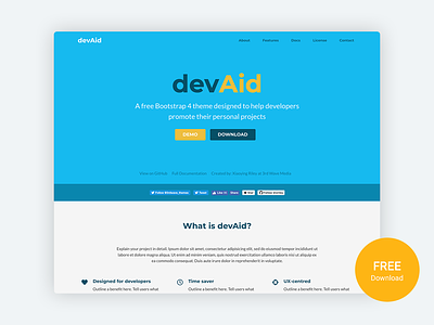 devAid - Free Bootstrap 4 Template for Developers’ Side Projects bootstrap bootstrap 4 bootstrap template bootstrap theme css developer html html5 landing page marketing responsive sideproject software software development theme website template