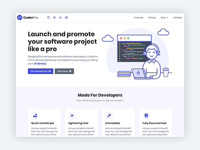 CoderPro - Bootstrap 4 Startup Template For Software Projects bootstrap bootstrap 4 bootstrap template bootstrap theme css developer developers html5 landing page marketing product product design responsive software software development startup template theme website template