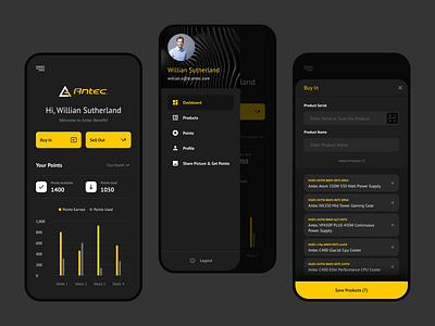 Antec Benefit android app application b2b dark dashboard design ios listing mobile product scan screen sidebar ui ux