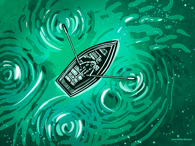In the river boat digitalart fish green illustration magical procreate ride river