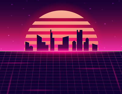 Sunset city 80s 80s style art background banner design illustration retro retro design vector