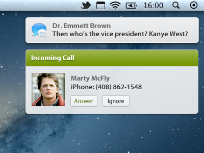 Incoming call, notification center style back to the future buttons call emmett brown marty mcfly myriad pro notifications