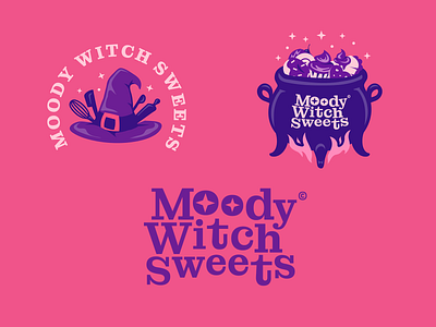 Moody Witch Sweets art branding bread cake cauldroon cupcake design illustration logo pastry pink purple typography variation vector witch