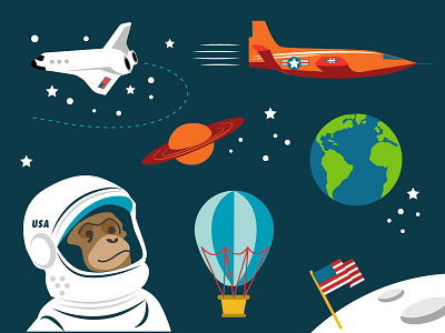 Space And Flight Icons For Infogrpahic earth hot air balloon icon illustration jet monkey moon plane planet space space shuttle vector