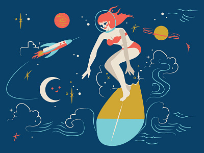 Milky Way Surf Illustration for Clothing Pattern illustration person planets retro rocket space spaceship stars surf surfing woman